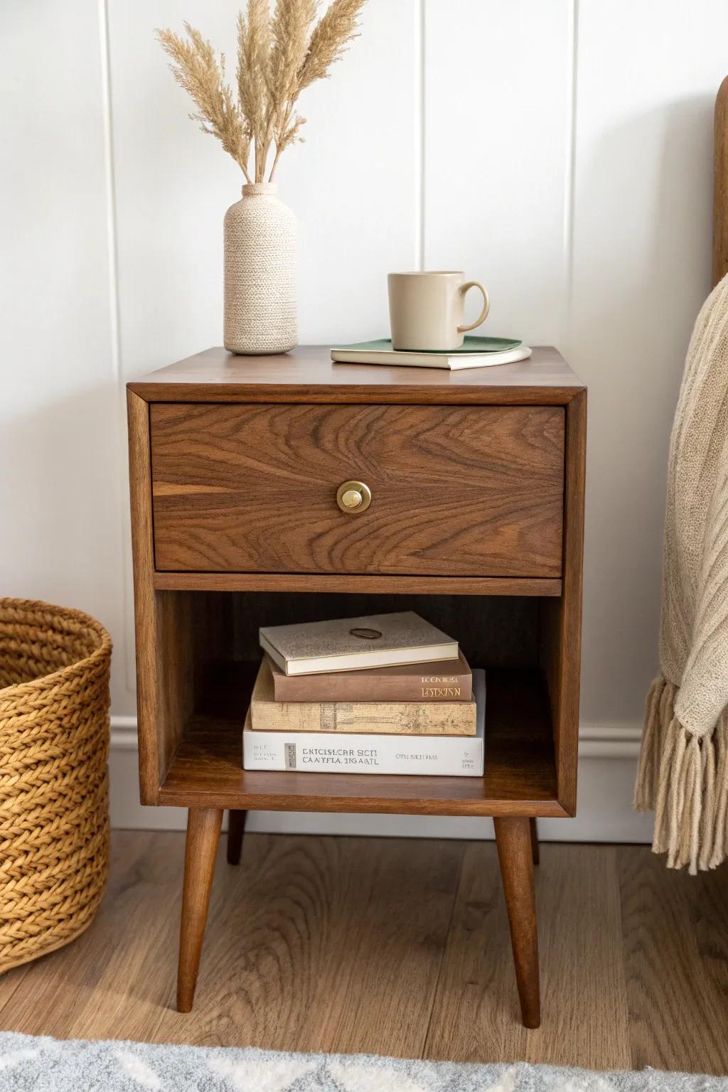 A thrifted nightstand in warm stain proves mismatched pieces can still feel perfectly paired.