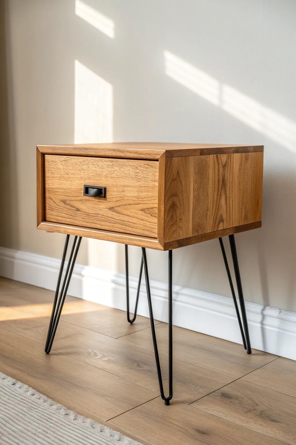 Honey-stained wood box on sleek hairpin legs—minimal, boho-warm, and beautifully handmade.