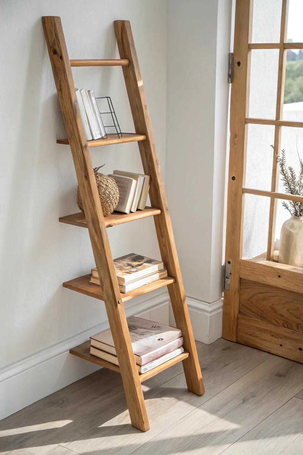 Reclaimed-wood leaning ladder book display—cover-forward styling that makes small rooms feel taller.