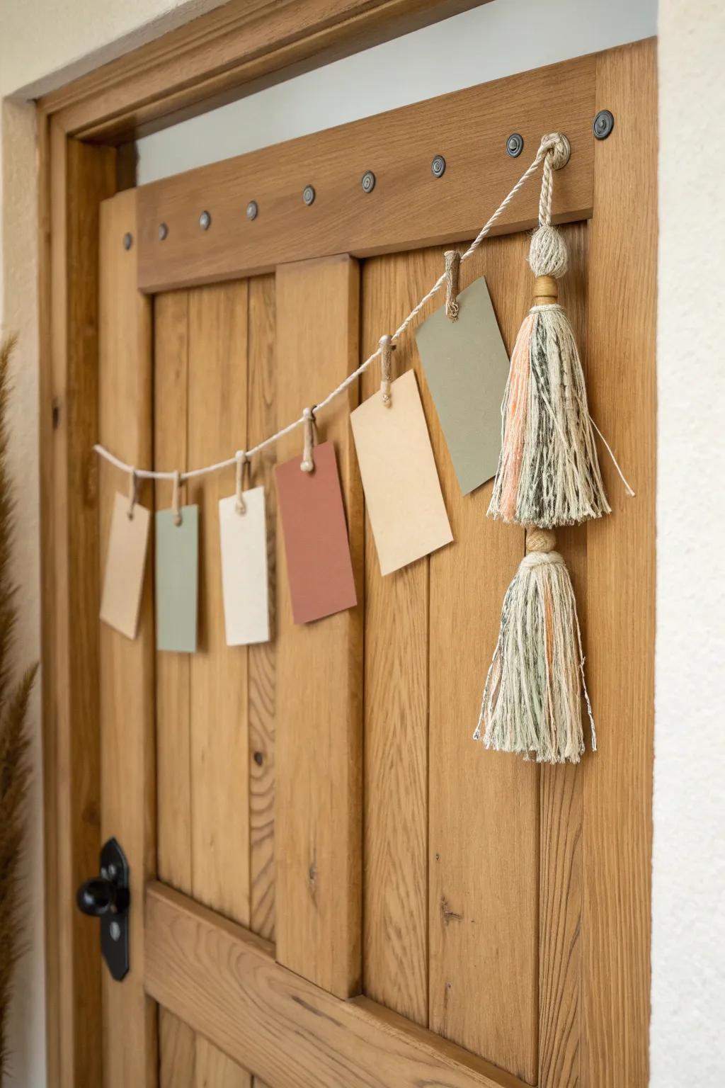 Oversized bookmarks and yarn tassels on an oak header strip—bunting-style door décor.