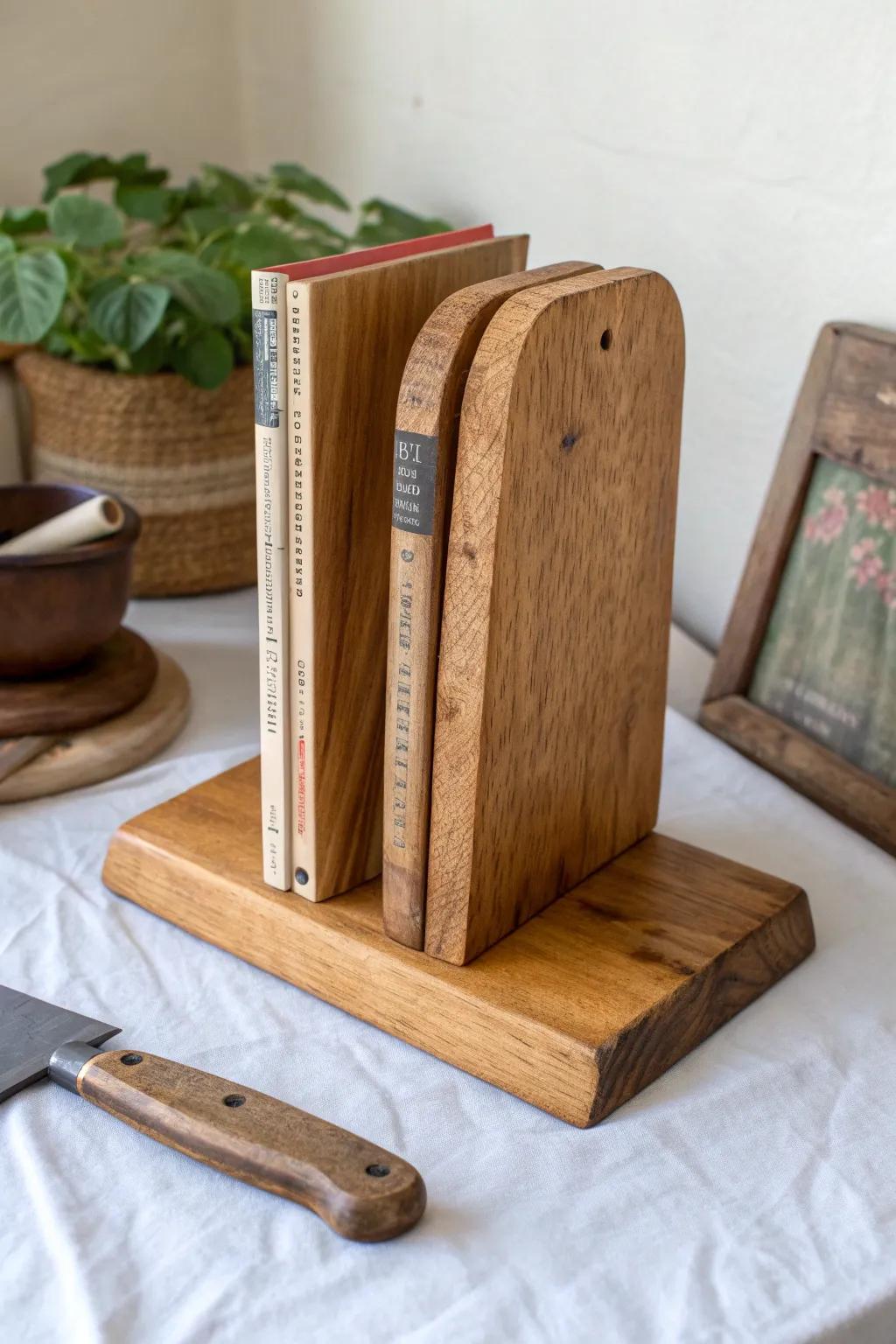 Upcycled cutting-board bookends with patina and oak feet—simple, warm, and handmade.