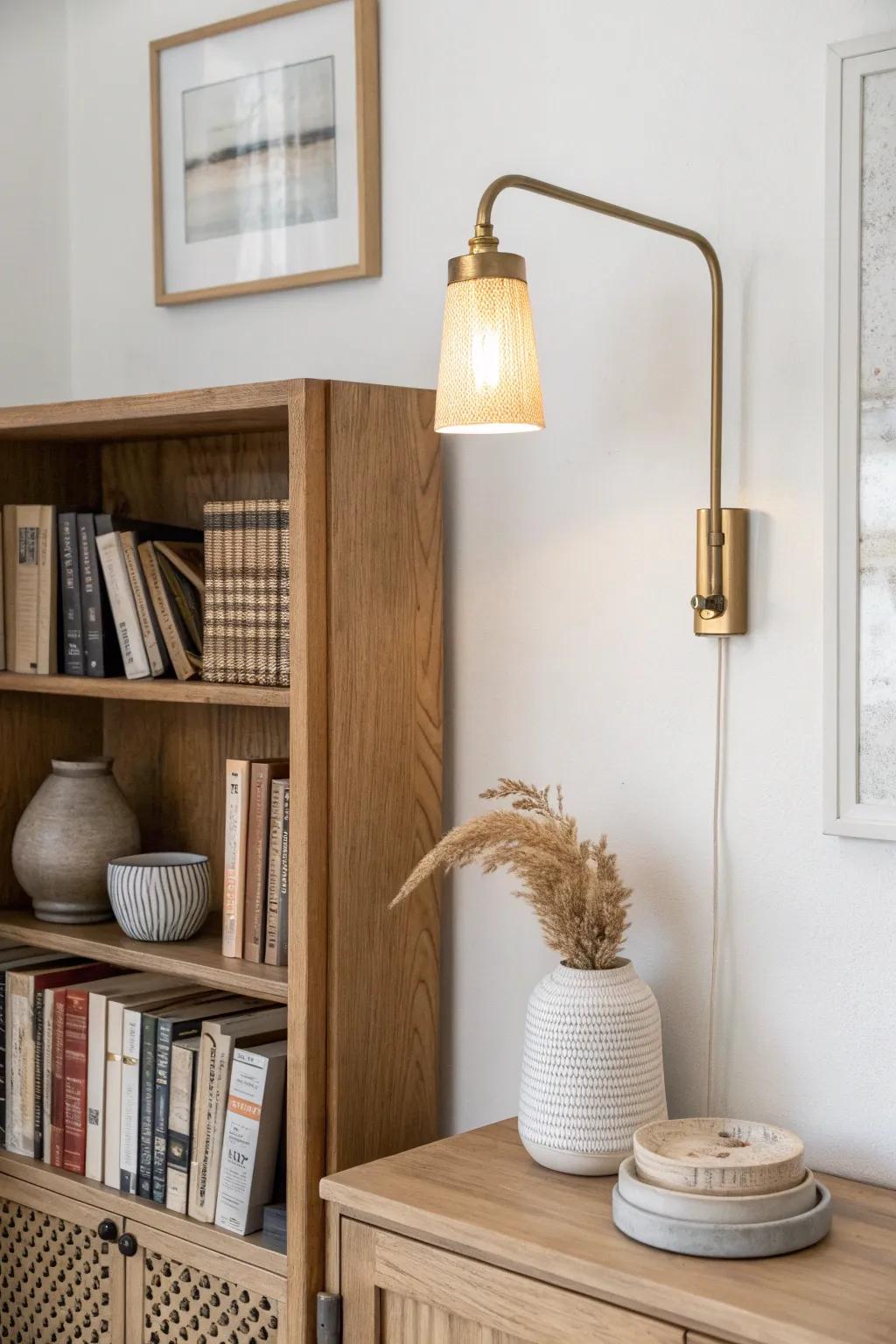 A brass library sconce above each bay adds symmetry, warmth, and a custom built-in look.