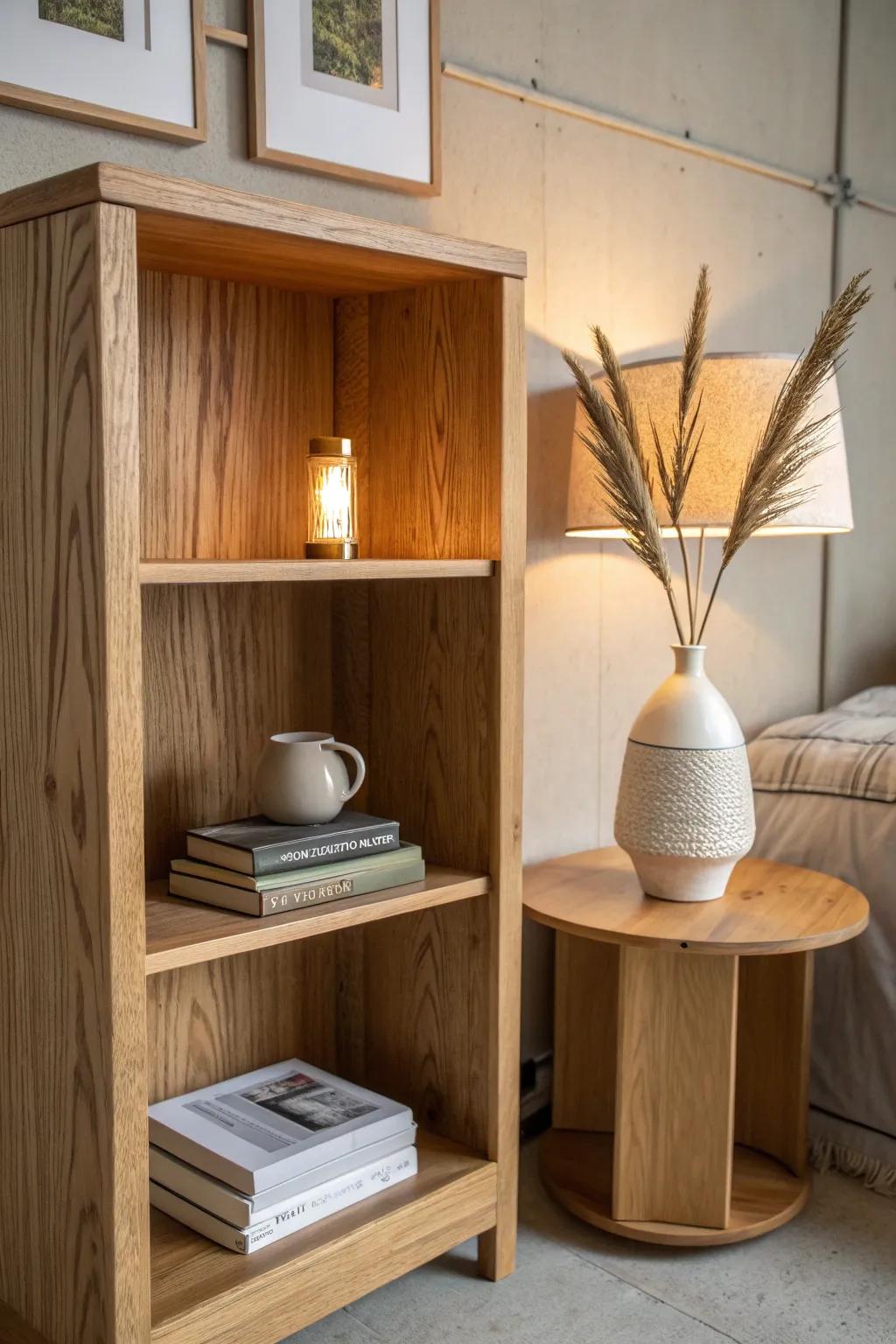 A tiny warm lamp on the shelf turns clean oak into a cozy, glowing reading corner.