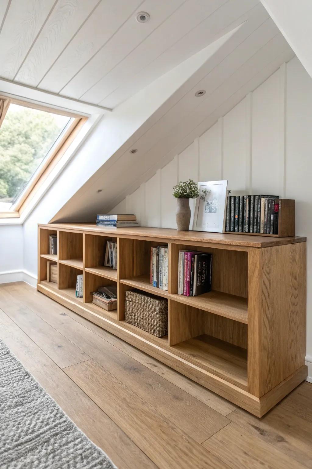 Low under-eaves oak bookshelf that follows the roofline—turns attic dead space into beauty.