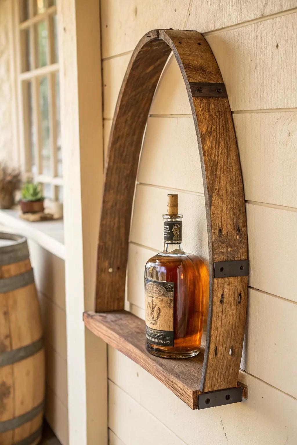 Curved barrel-stave shelf with patina—minimal, warm, and made to cradle a bourbon bottle.
