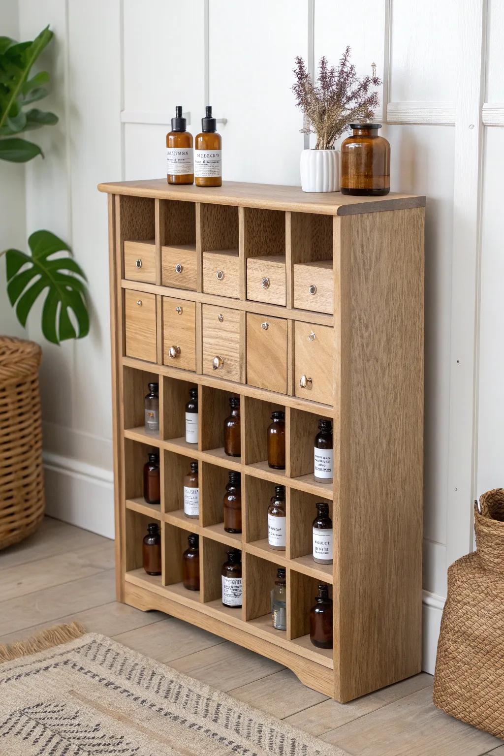 Apothecary-style cubby shelf in pale oak—keeps tiny jars and bottles tidy, boutique-perfect.