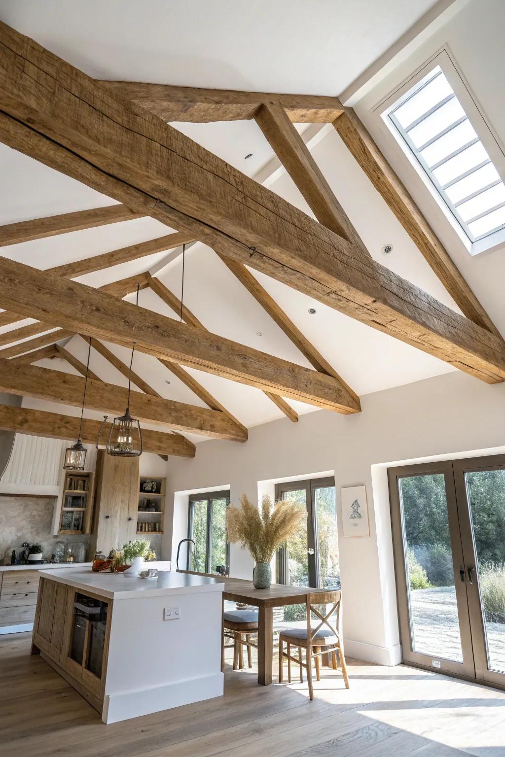 A single wood box beam subtly zones an open-plan kitchen and dining space—no walls needed.