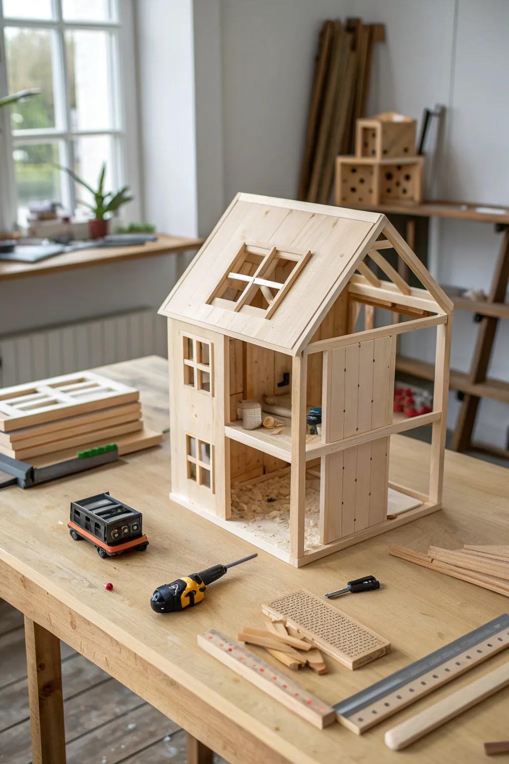 A minimalist wooden dollhouse framed like a tiny build site—unfinished, simple, and beautiful.