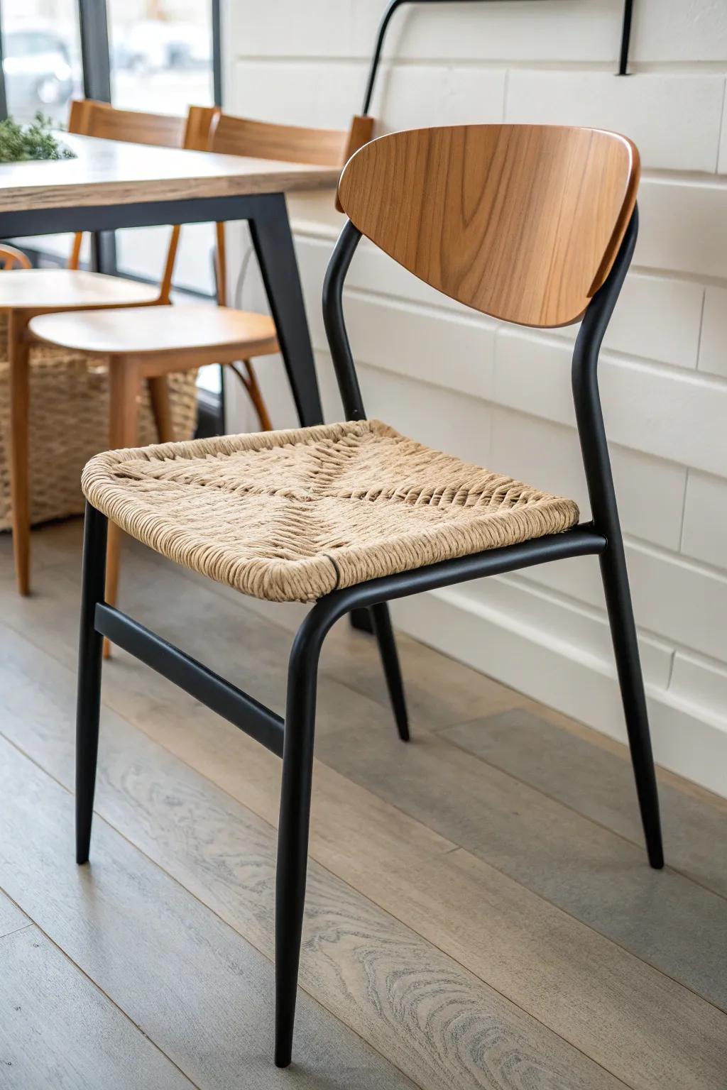 Industrial warmth for break rooms: matte black steel meets light oak, crafted to last.