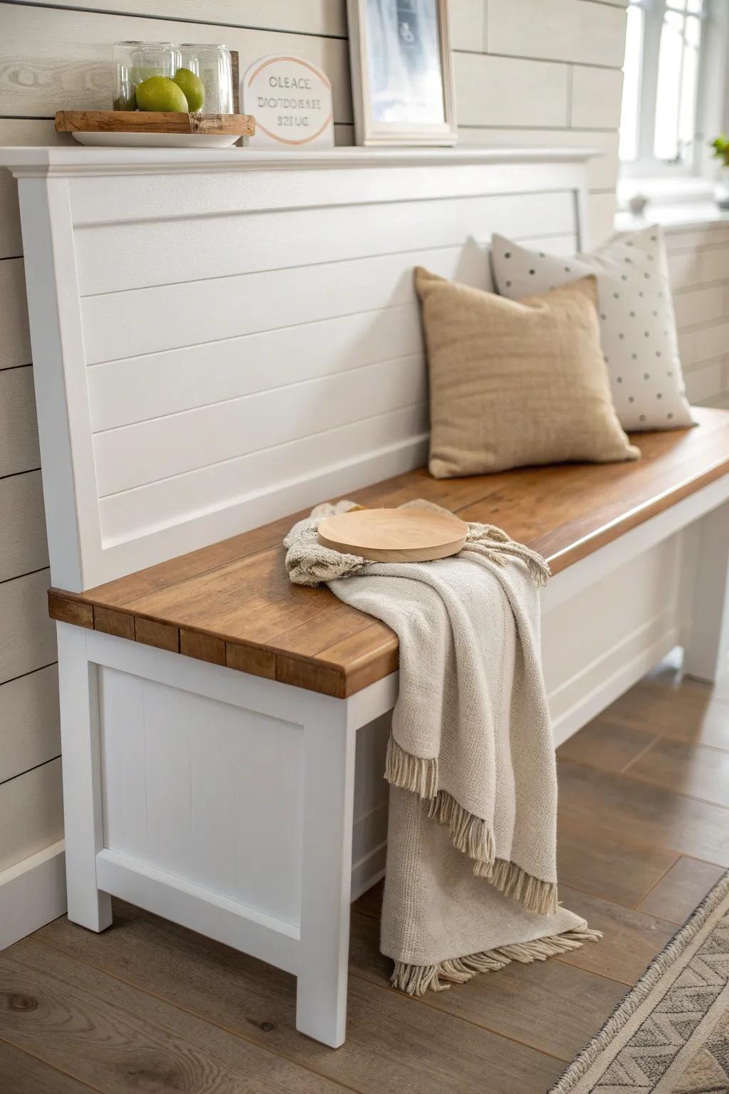 Shiplap-wrapped bench detail that instantly adds bright, farmhouse charm to your breakfast nook.