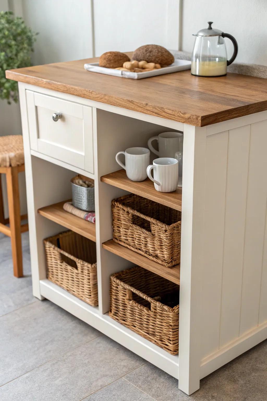 Counter-height coffee bar with deep cubbies—warm wood storage that keeps breakrooms calm and tidy.