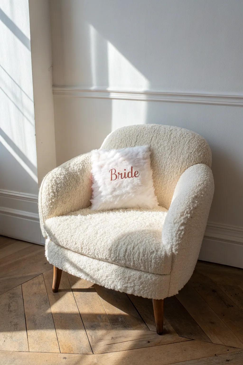 An ivory boucle armchair with a fluffy bridal pillow—her cozy throne for gifts and photos.