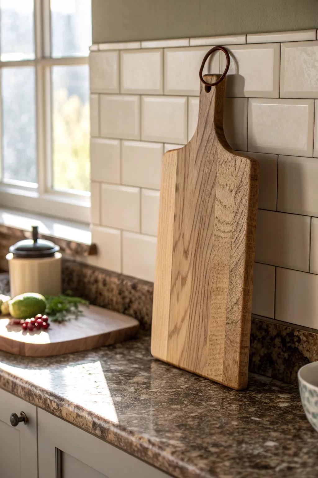 A soft cream backsplash quiets busy brown granite—letting warm wood craftsmanship shine.