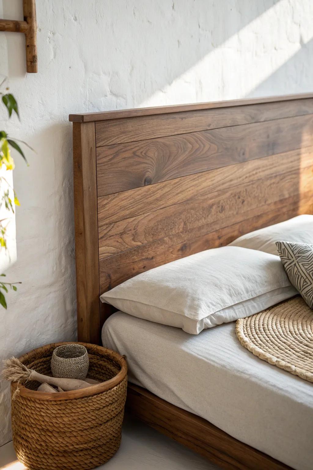 Warm brown wood headboard styled with linen and woven textures for a cozy, relaxed balance.