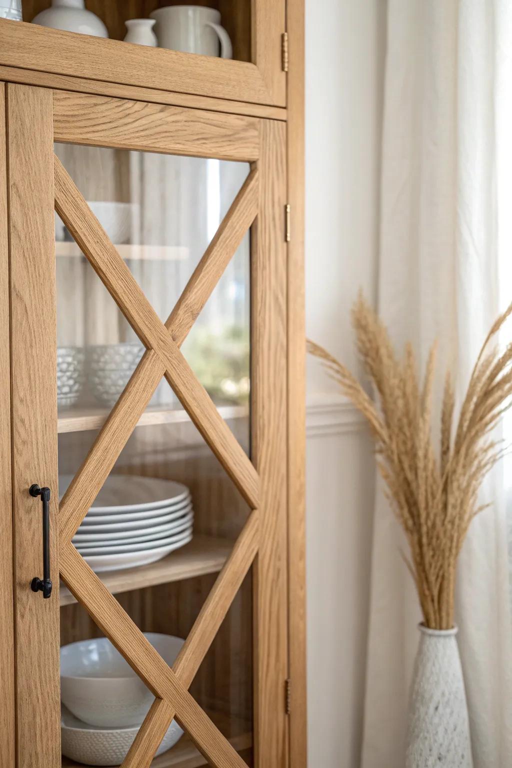 Warm oak X-mullion doors bring farmhouse charm to a clean, minimalist built-in china cabinet.