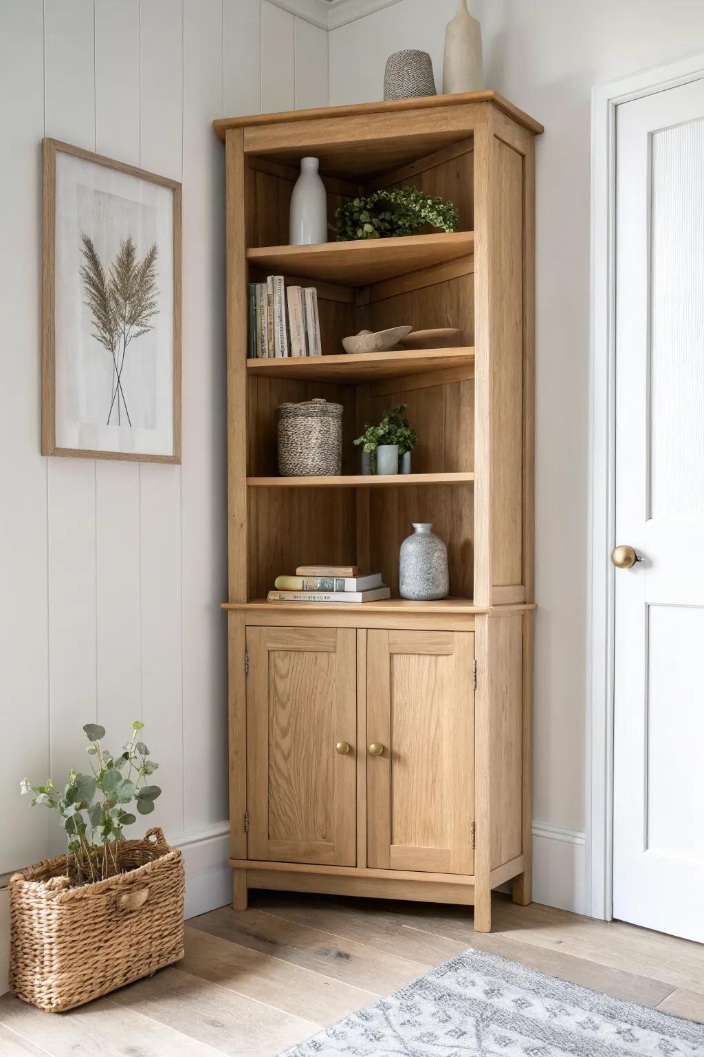 Open shelves for styling, closed corner cabinet below—minimal, cozy storage that hides the clutter.