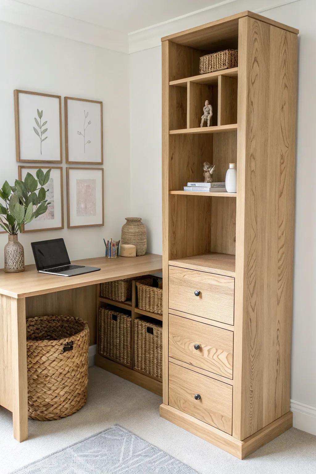Built-in corner desk with a slim vertical tower—adjustable shelves for calm, clutter-free storage.