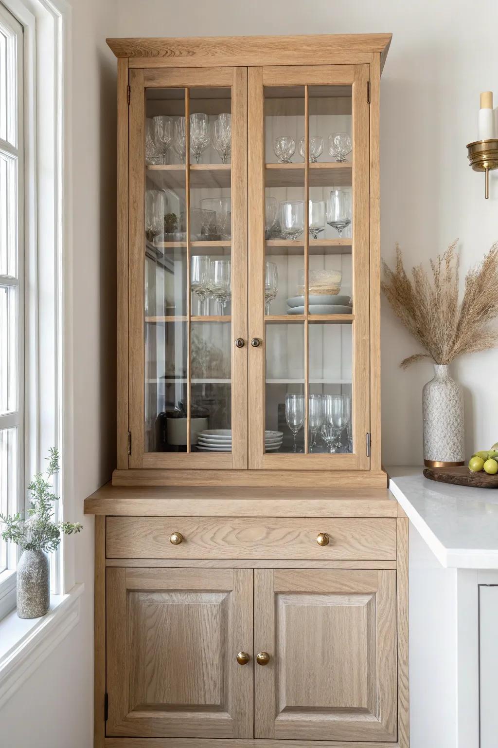Glass-front uppers turn a built-in dry bar into a chic display—dust-free and beautifully minimal.