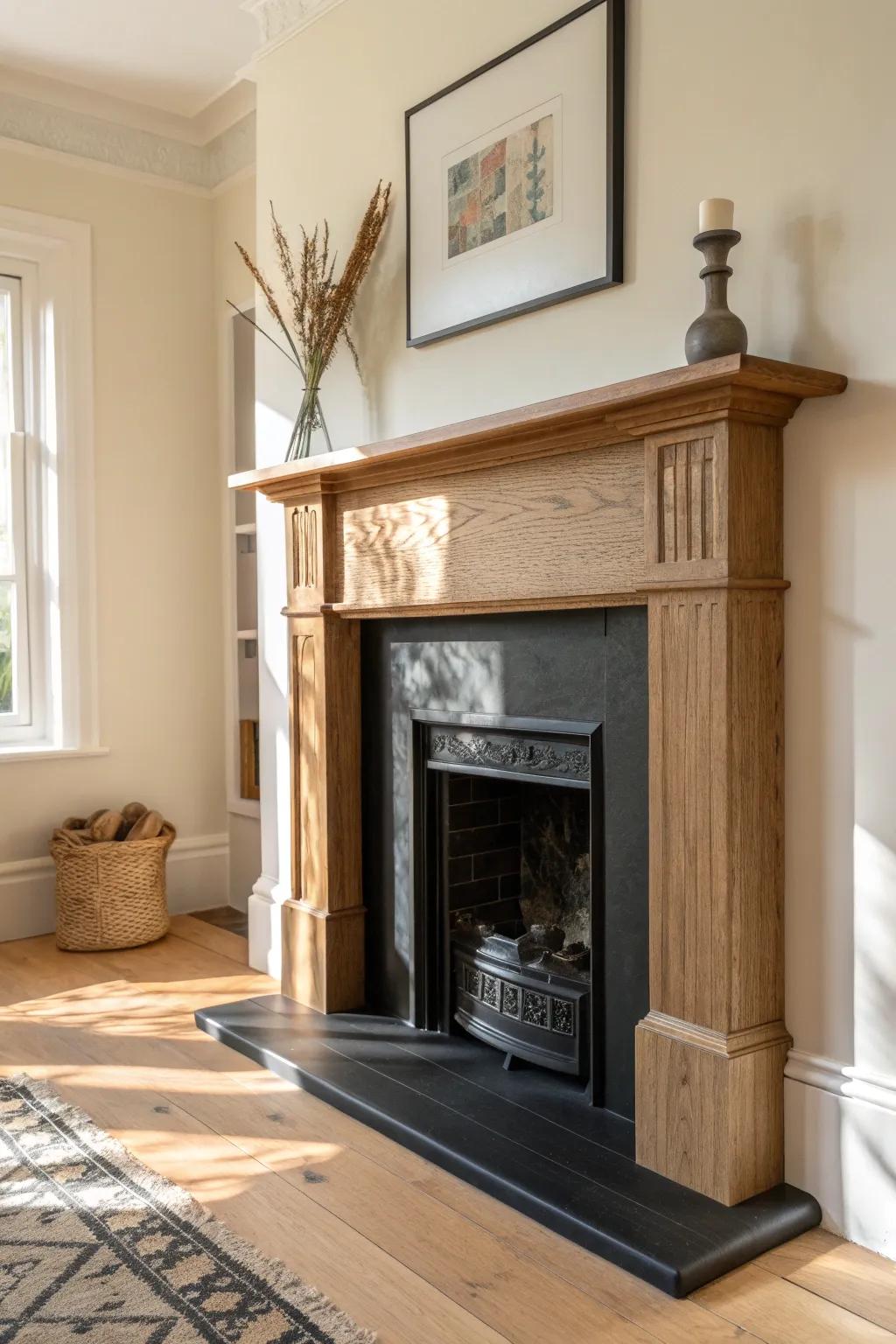 Matte black mantel magic—instant contrast that makes a warm bungalow fireplace feel intentional.