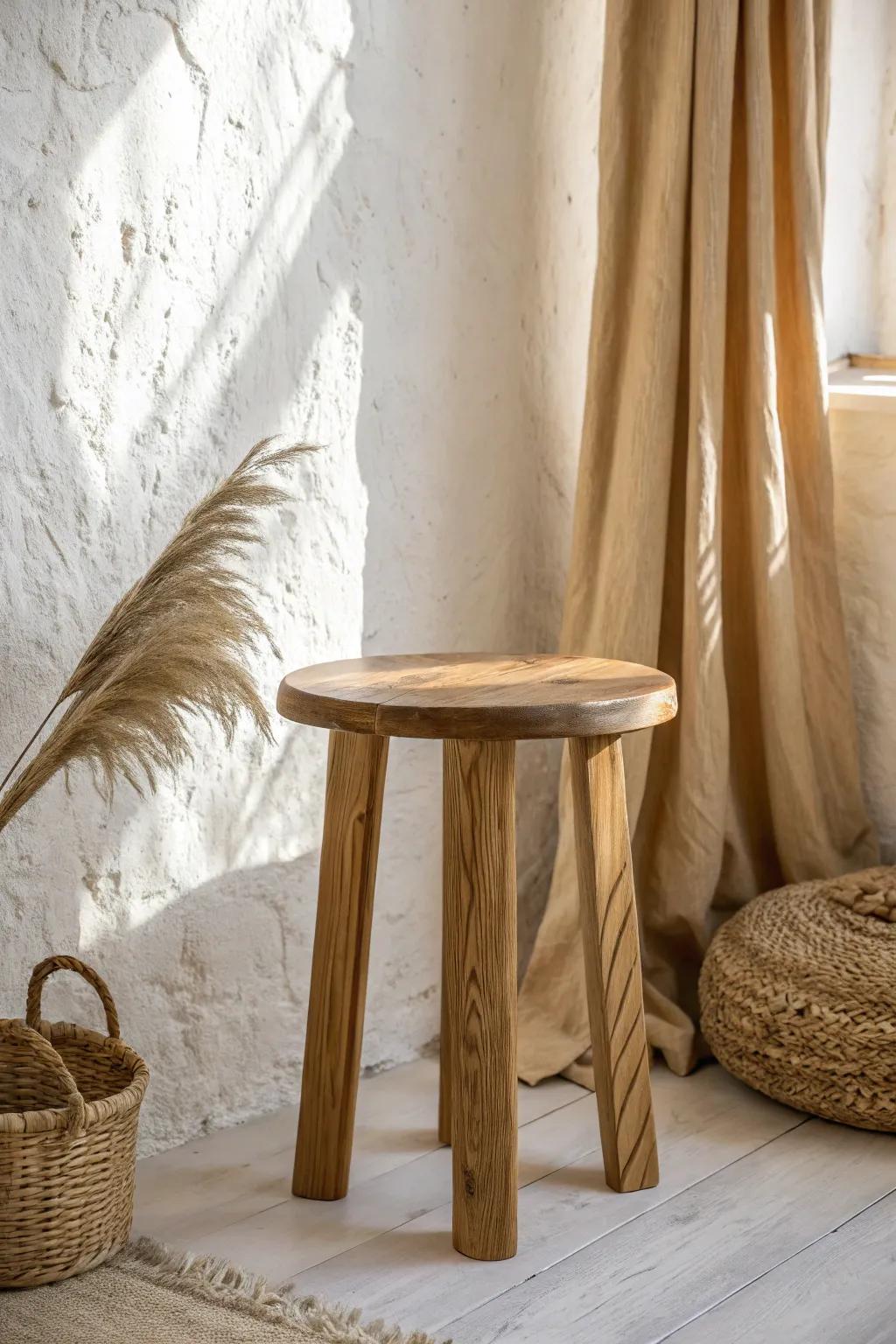 Warm neutrals + rich texture: glowing wood grain with linen and woven details for bungalow calm.