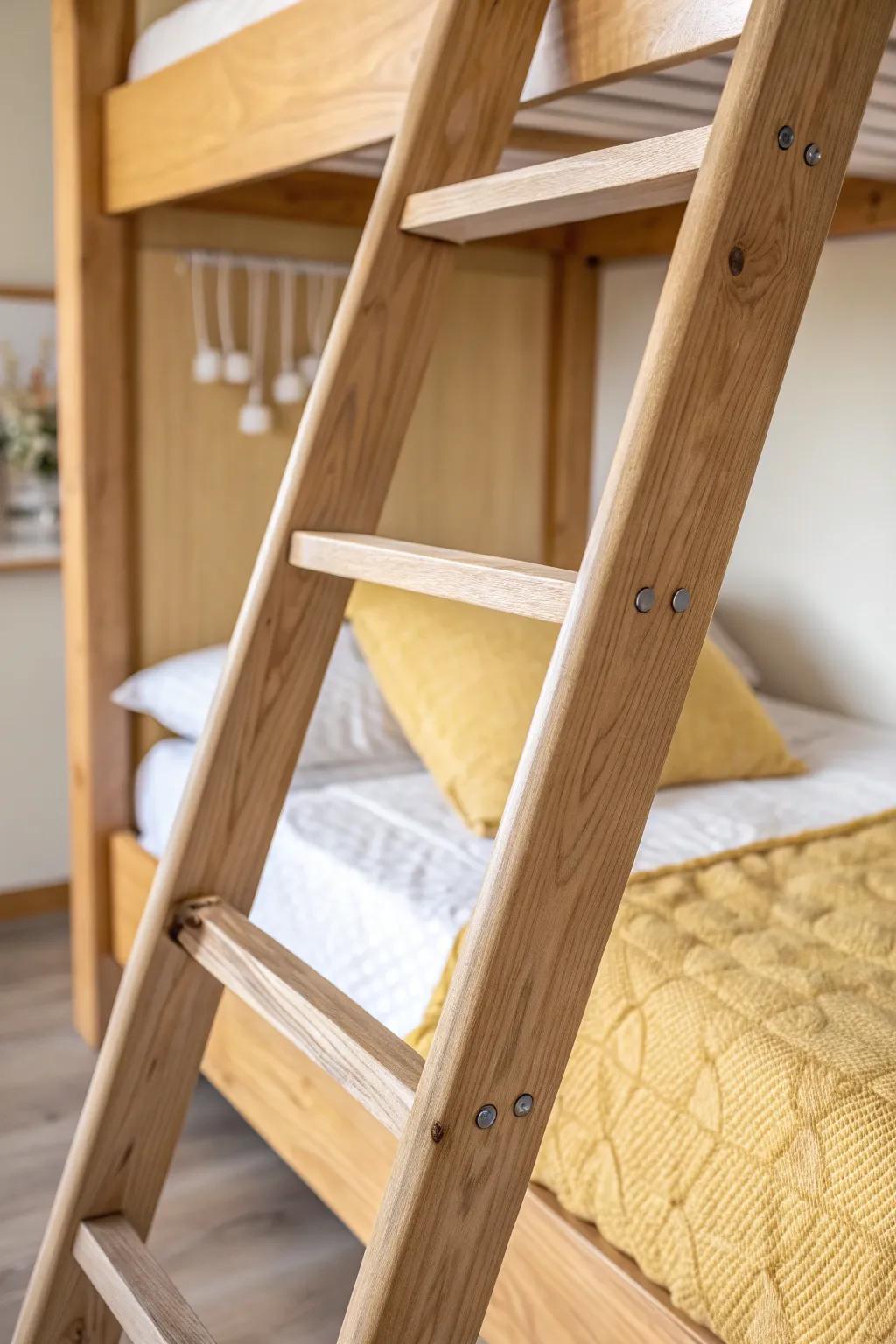 Angled ladder with wide, rounded wooden rungs—safer, comfier climbing for dorm bunks.