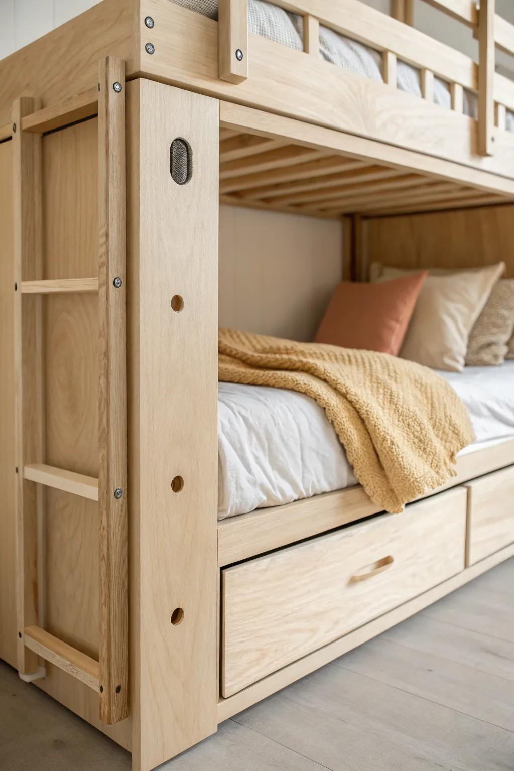 Birch sliding panels turn a bunk bed into a sleek fort—safe pull-hole, smooth tracks, cozy style.