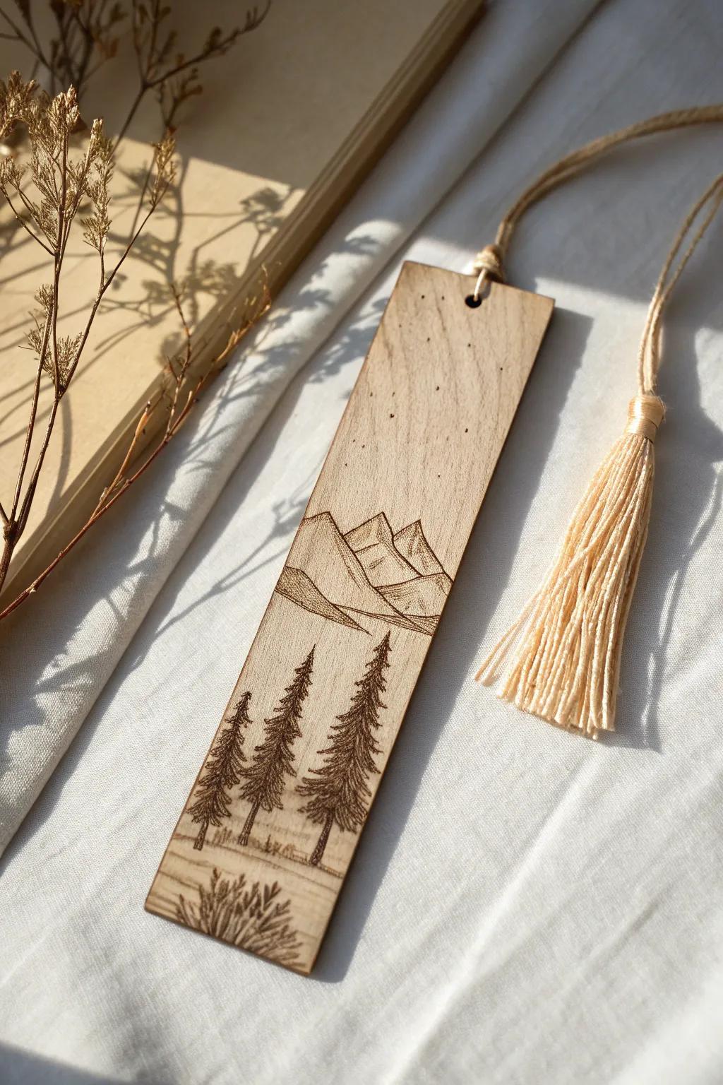 Slim burnt-wood landscape bookmark with a simple tassel—minimal, cozy, and gift-ready.