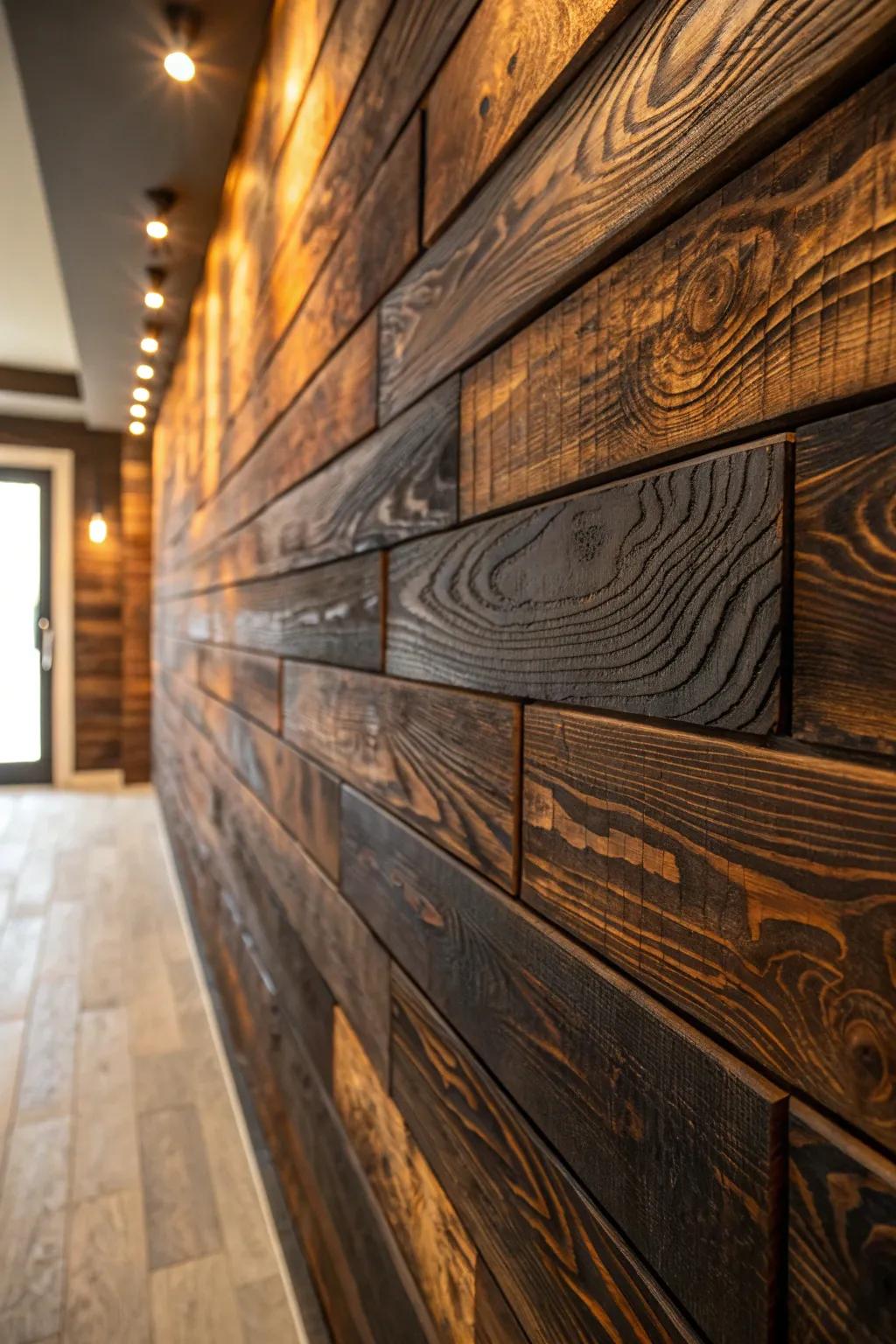 Transform your space with the rustic elegance of a burnt wood accent wall, where craftsmanship meets natural beauty.