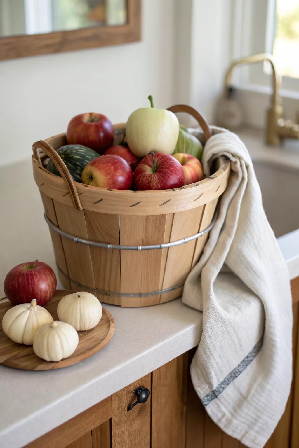 A wooden bushel basket lined with linen turns everyday produce into counter-top still life.