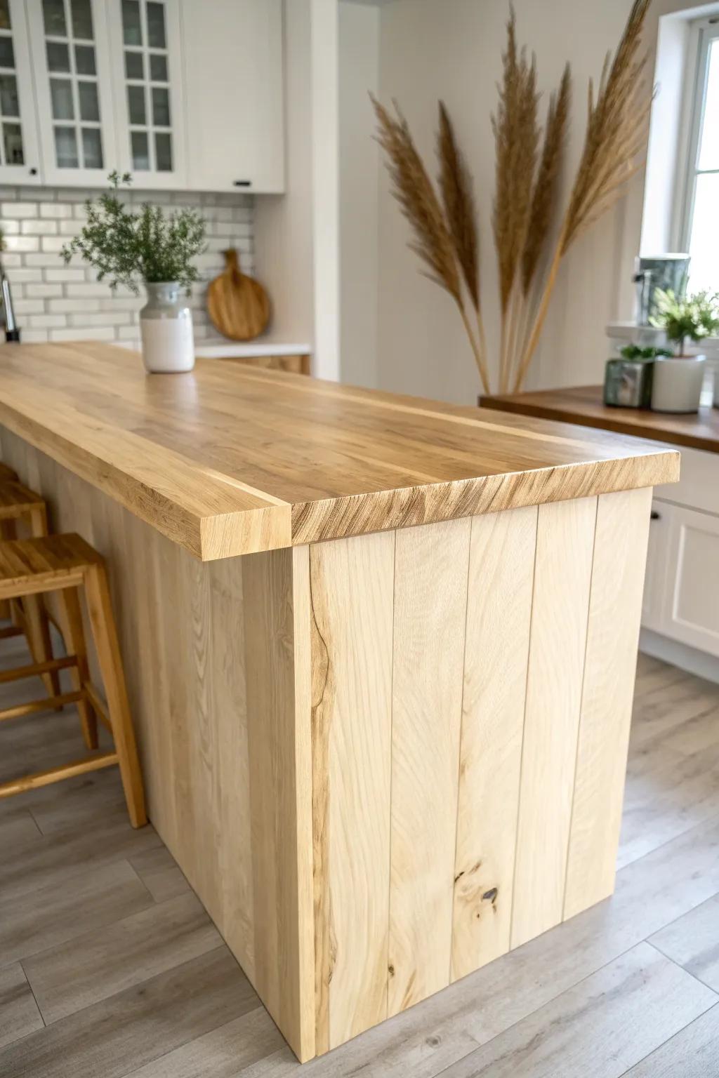 A seamless waterfall-edge butcher block bar top—modern lines with warm, continuous grain.