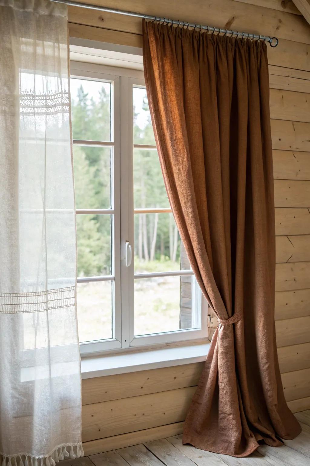 Bark-brown earth-tone curtains that feel cozy and grounded—while letting wood walls stay the star.