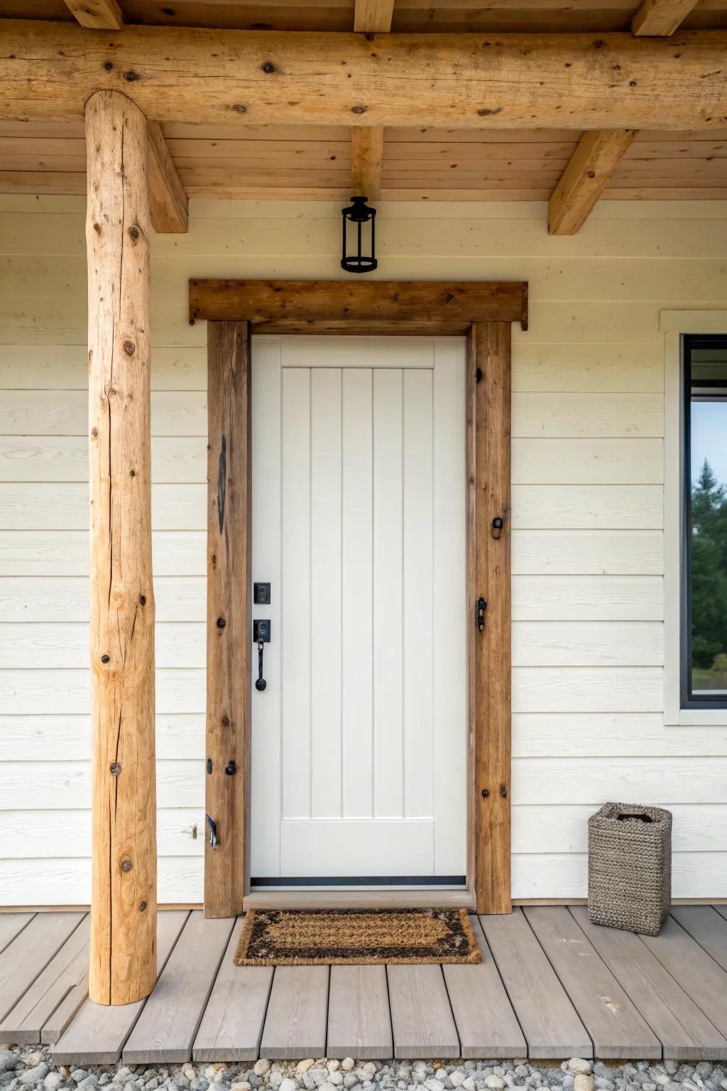 A simple door becomes lodge‑worthy with a heavy reclaimed beam surround and header.