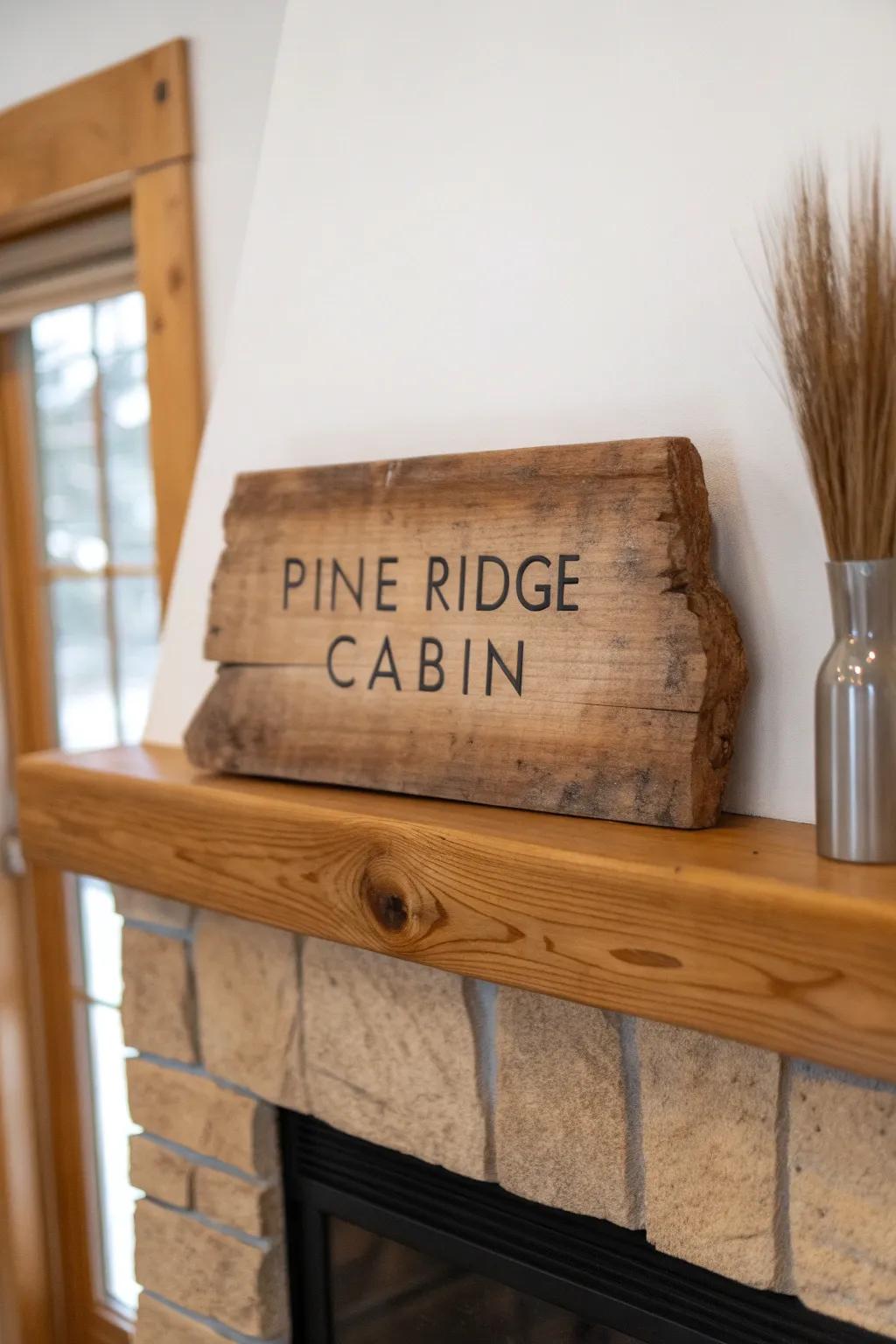 Hand-carved cabin sign on a mantel—salvaged wood, visible tool marks, warm minimalist charm.