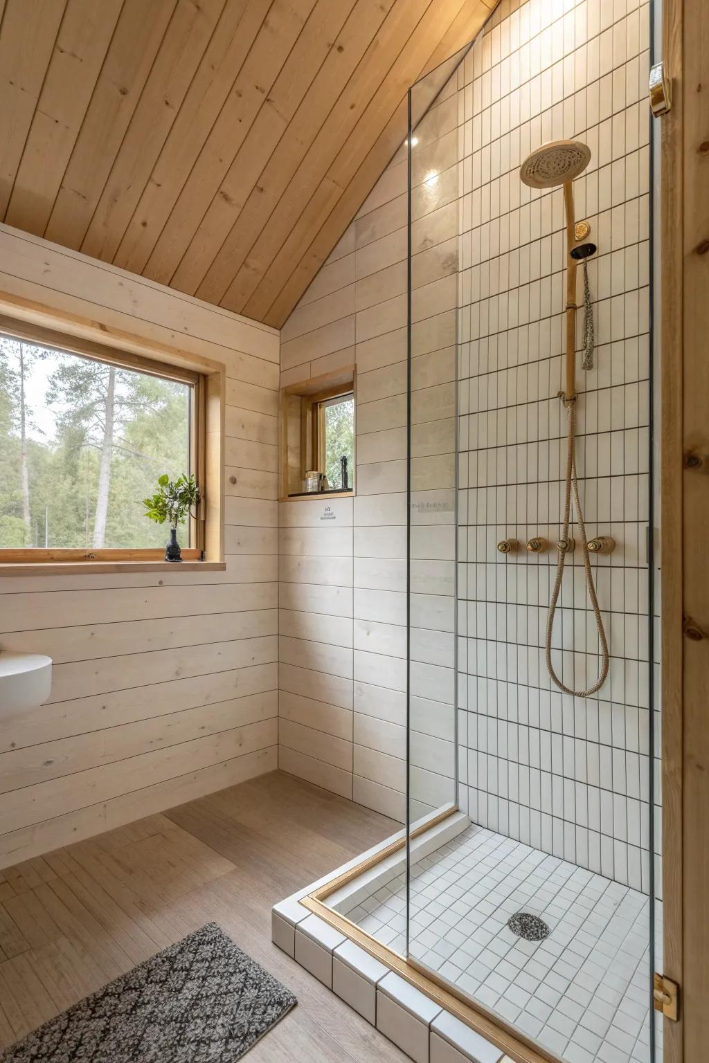Matte tile in the splash zone, warm oak paneling beyond—clean cabin shower harmony.