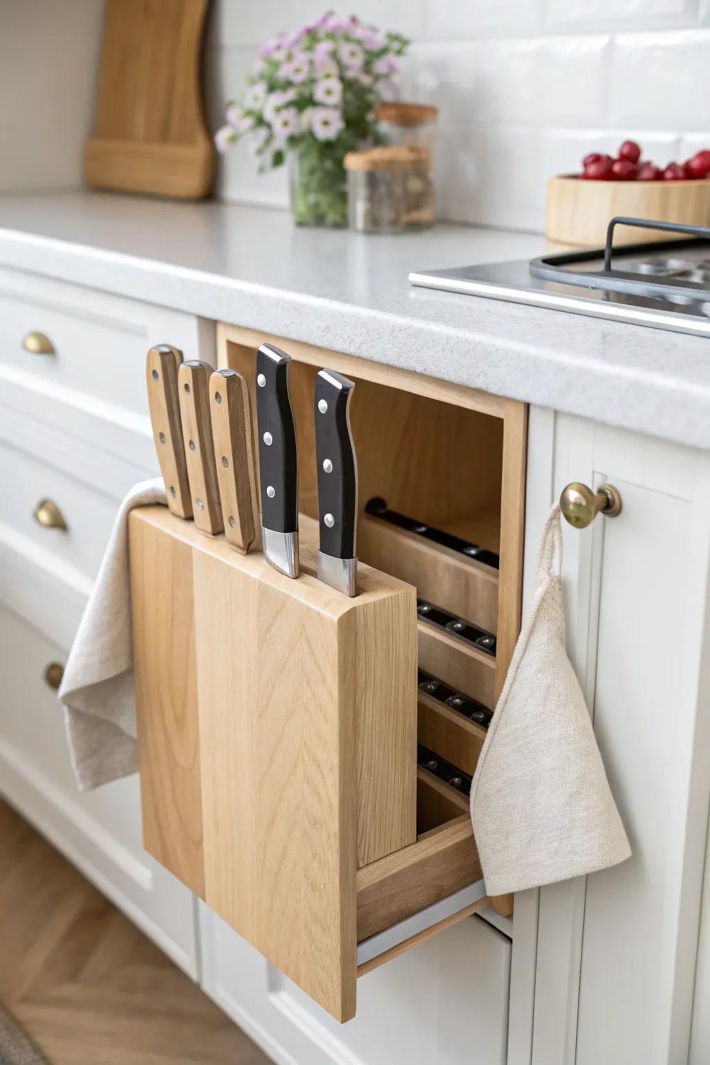 Kerf-cut knife holder on a cabinet door—sleek, safe storage that keeps counters calm.