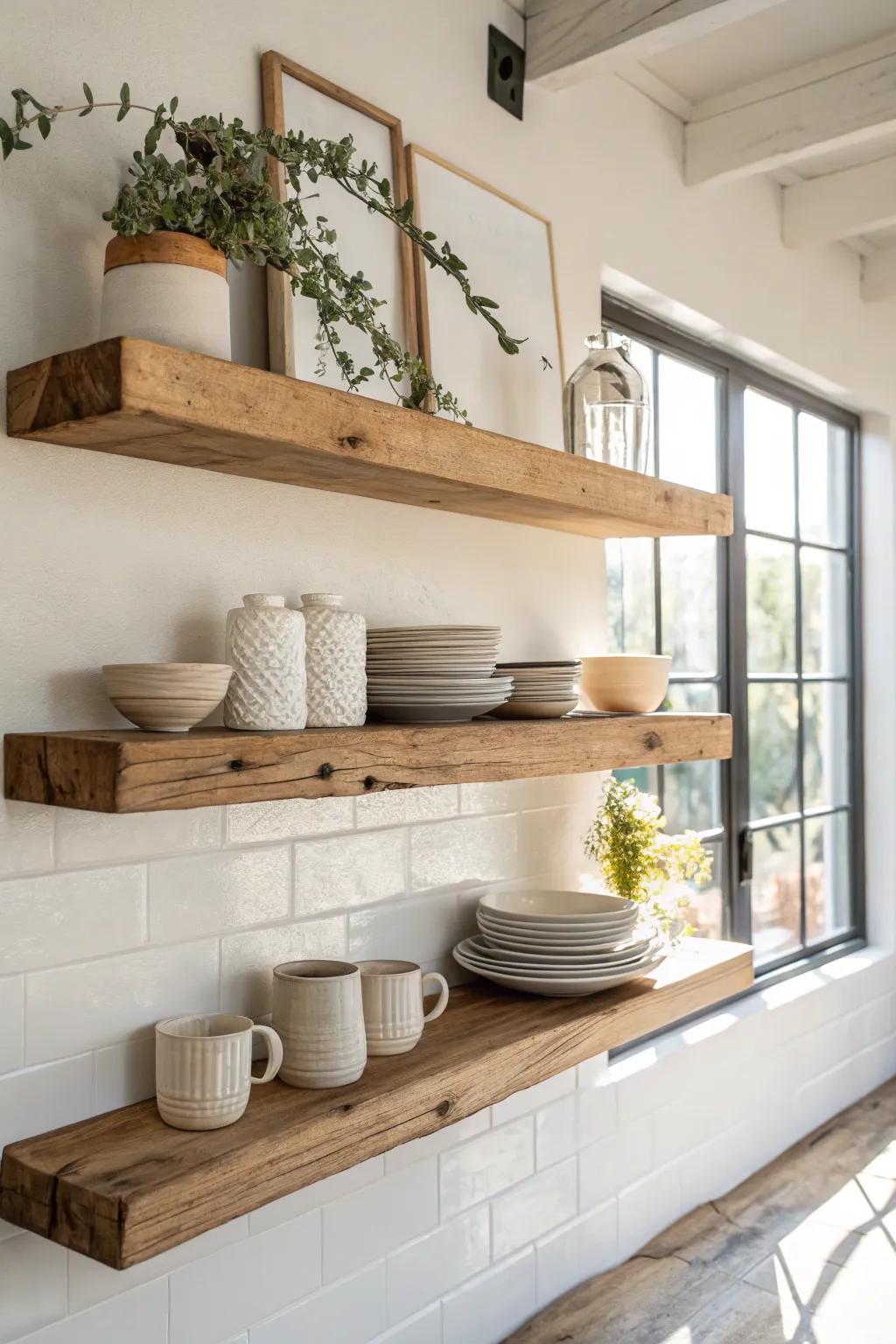 Floating salvaged wood shelves keep the kitchen airy—perfect for everyday ceramics and warmth.