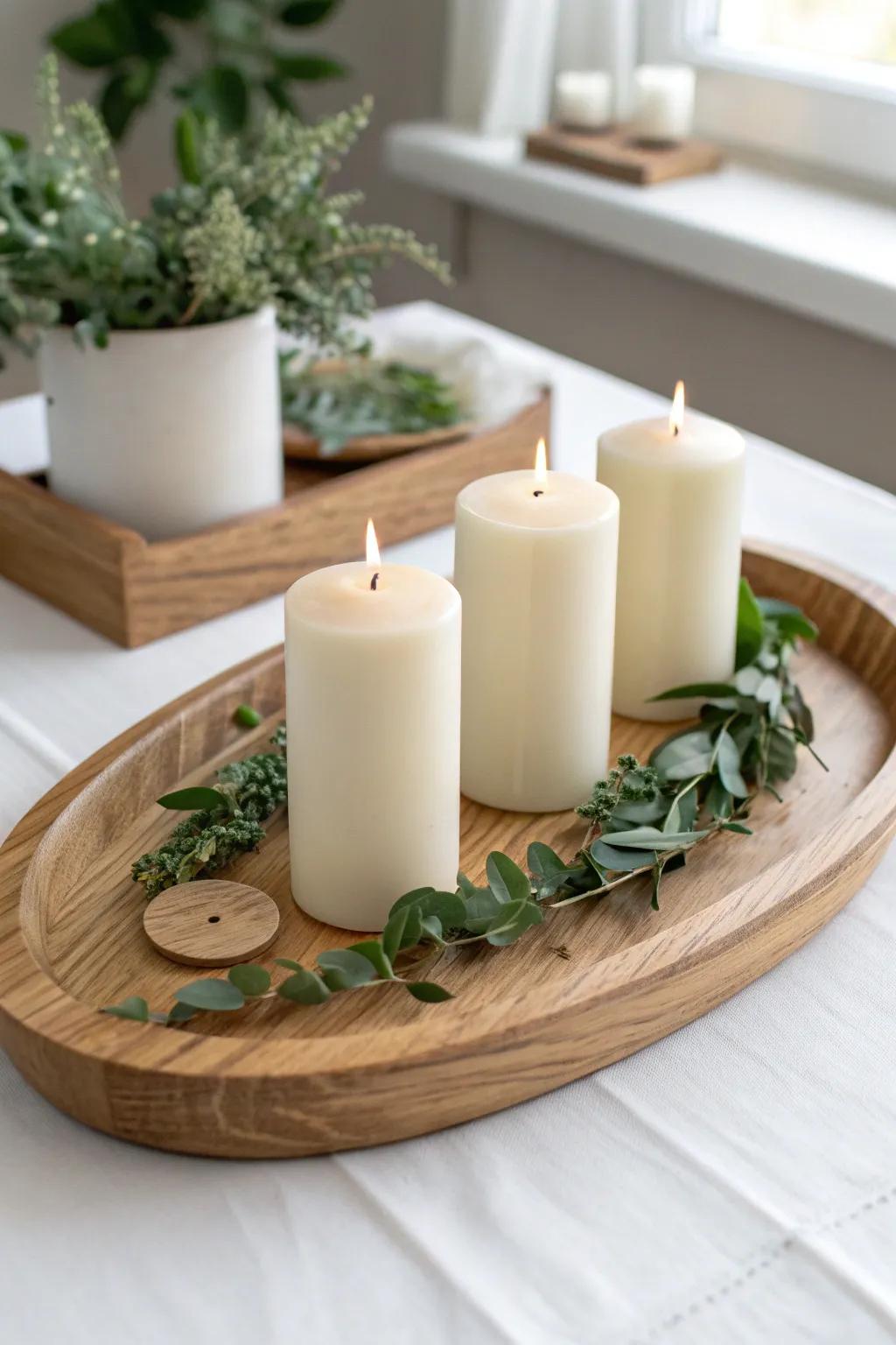 Minimal oak candle tray with tucked greenery—fresh, calm, and perfectly Scandinavian.