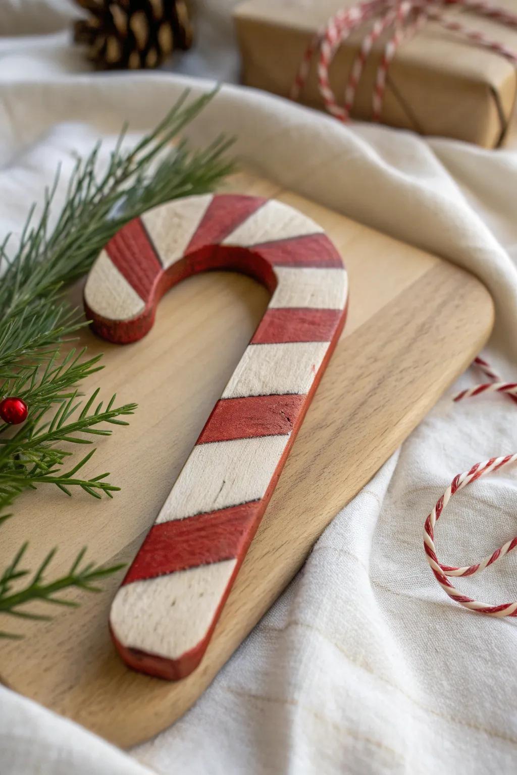 Handmade wooden candy cane pick—minimal red-and-white pop for effortless tree fluffing.