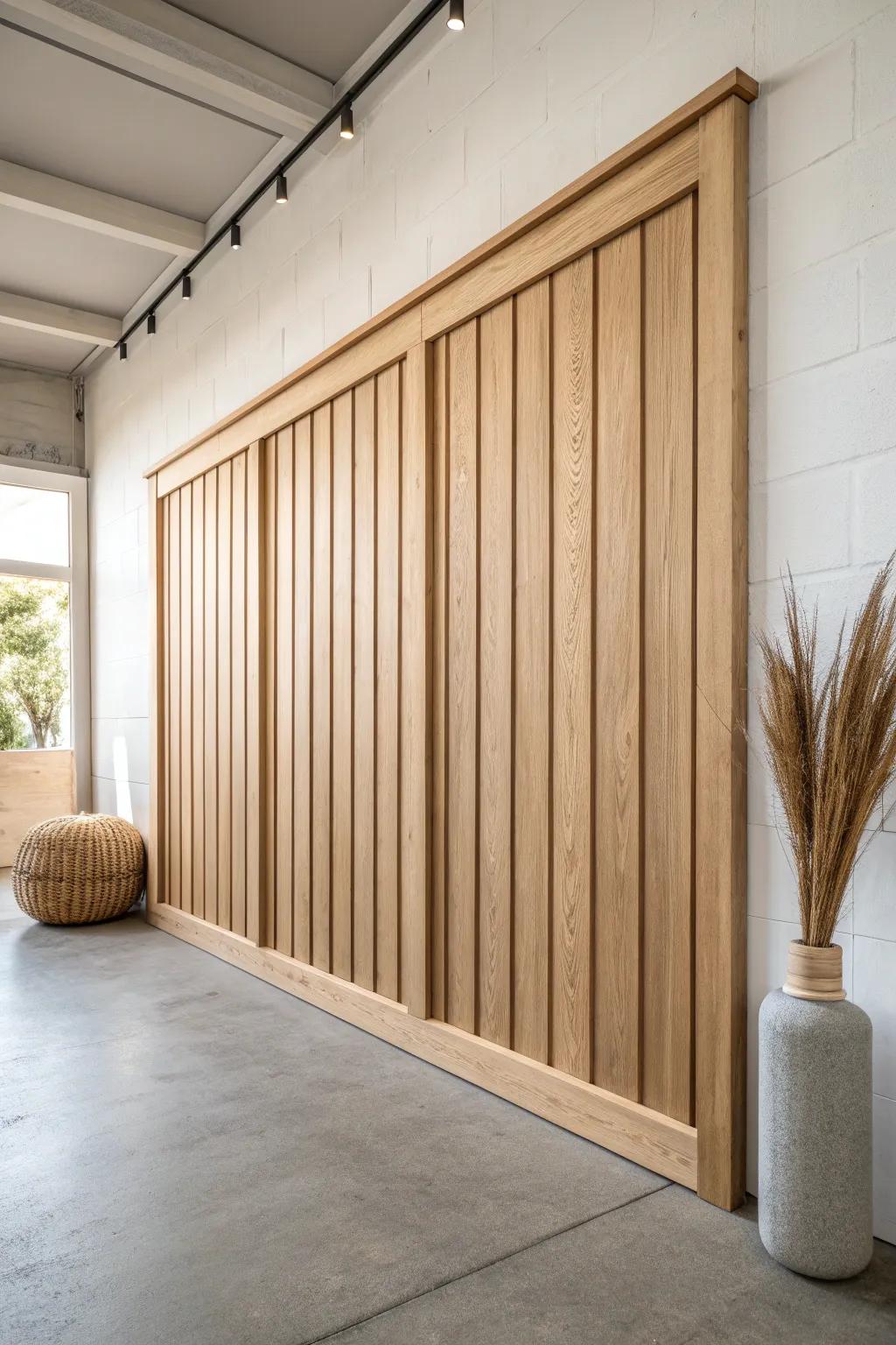 Board-and-batten side wall in light oak—clean lines, warm texture, farmhouse-cozy finish.