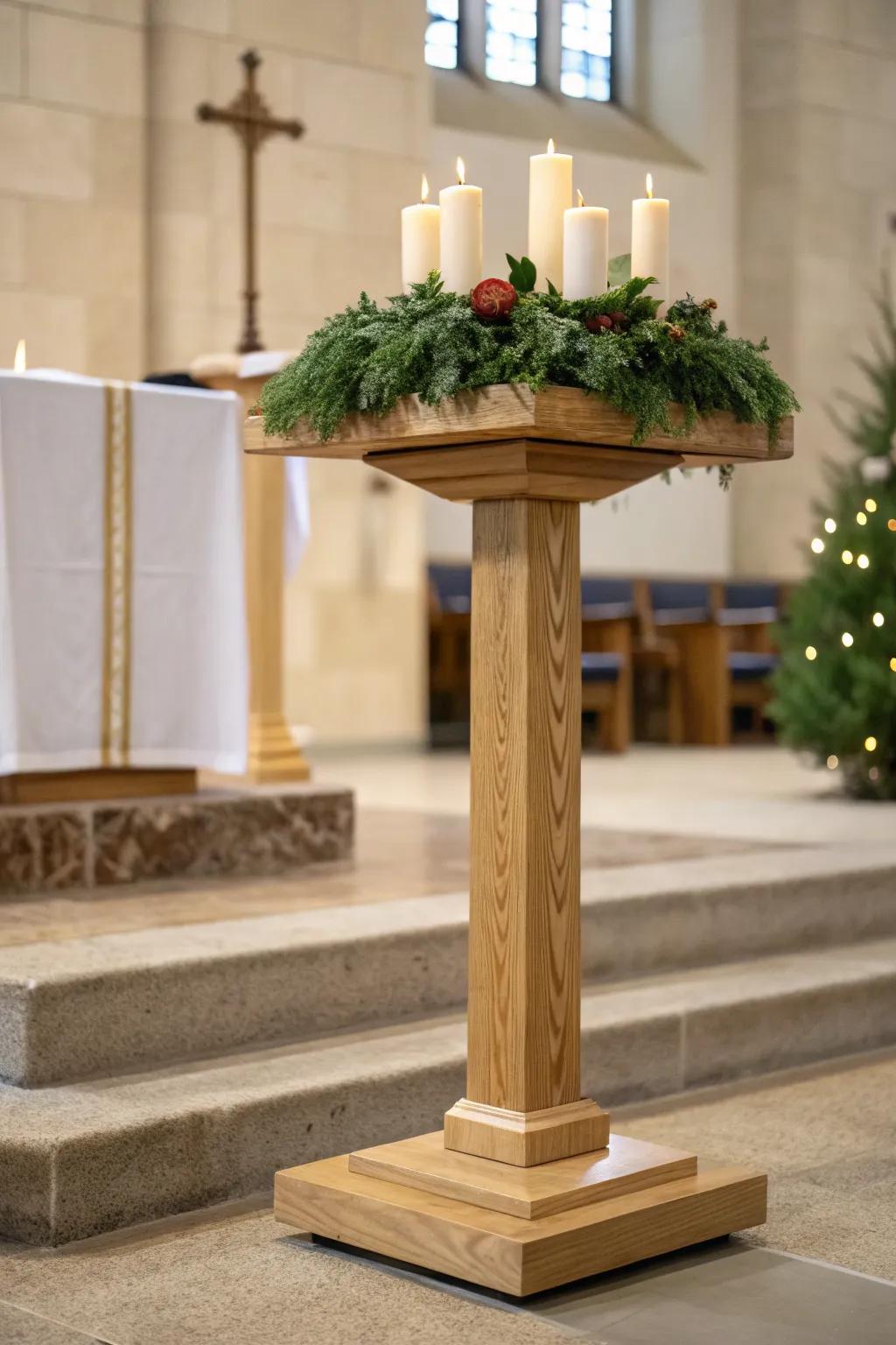 A wide-footprint wooden pedestal keeps the Advent wreath stable while the altar stays clear.