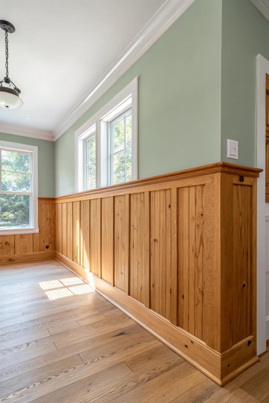 Warm cedar wainscoting below, soft paint above—an airy half-wall that feels cozy, never heavy.