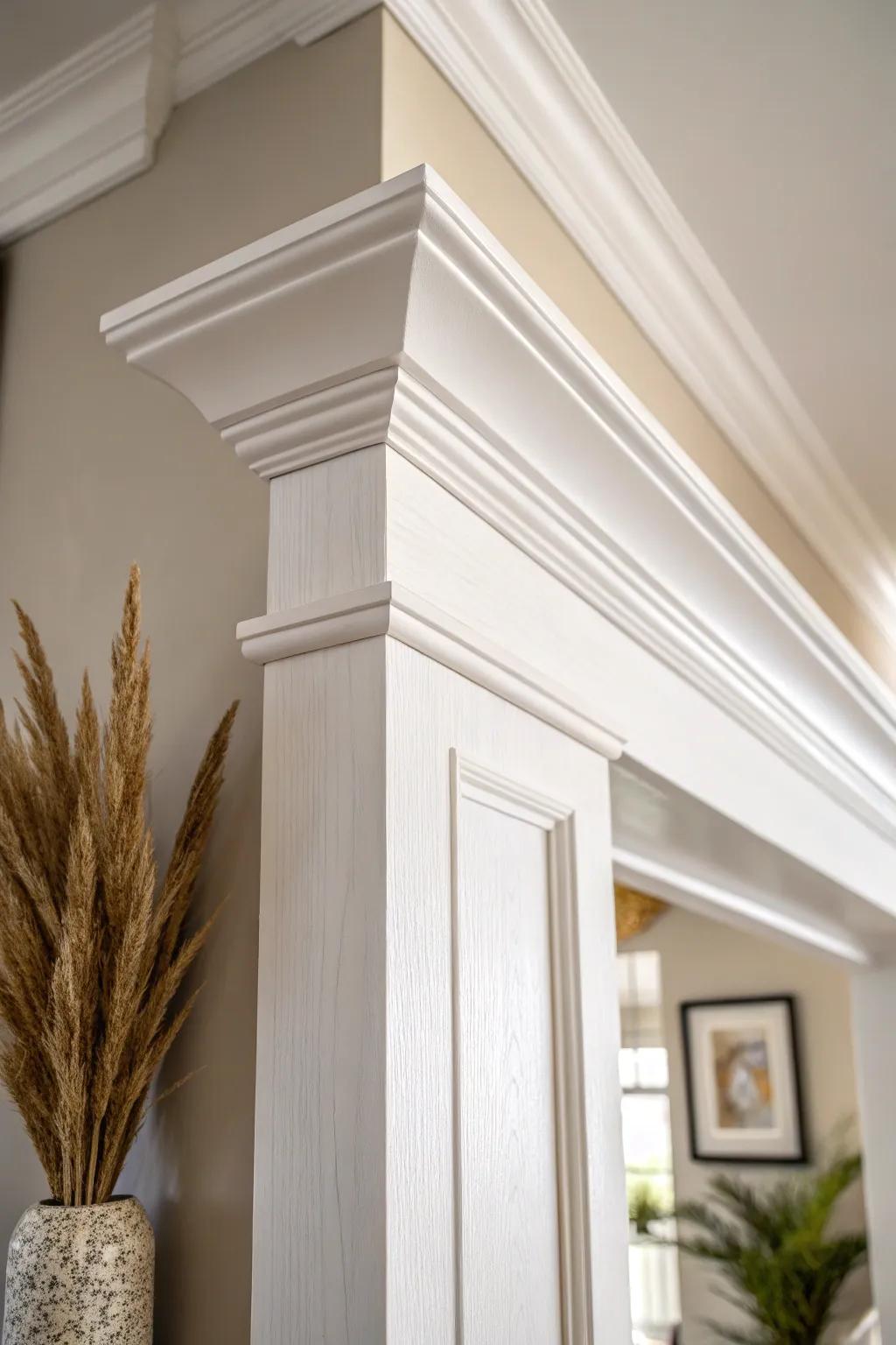 Stepped crown molding that wraps the opening—soft, tailored height transition with contrast.