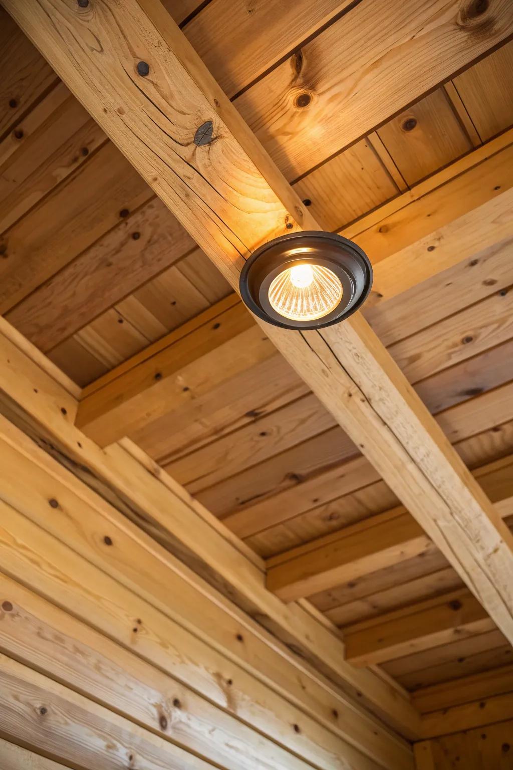 Warm recessed light between exposed beams—keeps the log ceiling cozy, glowing, and never harsh.