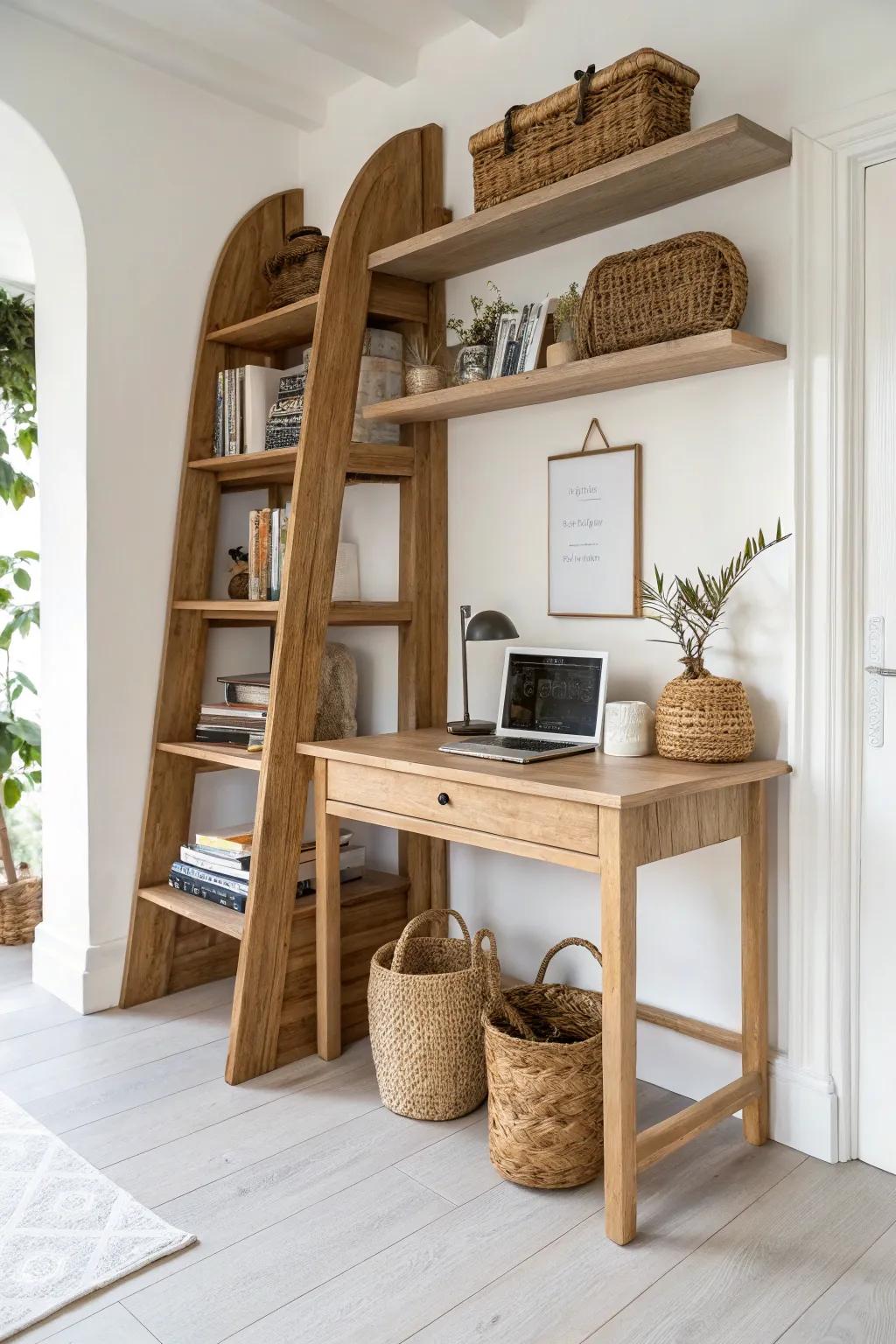 Ceiling-tall oak divider with a shelf bridge creates a serene desk nook with boho baskets.