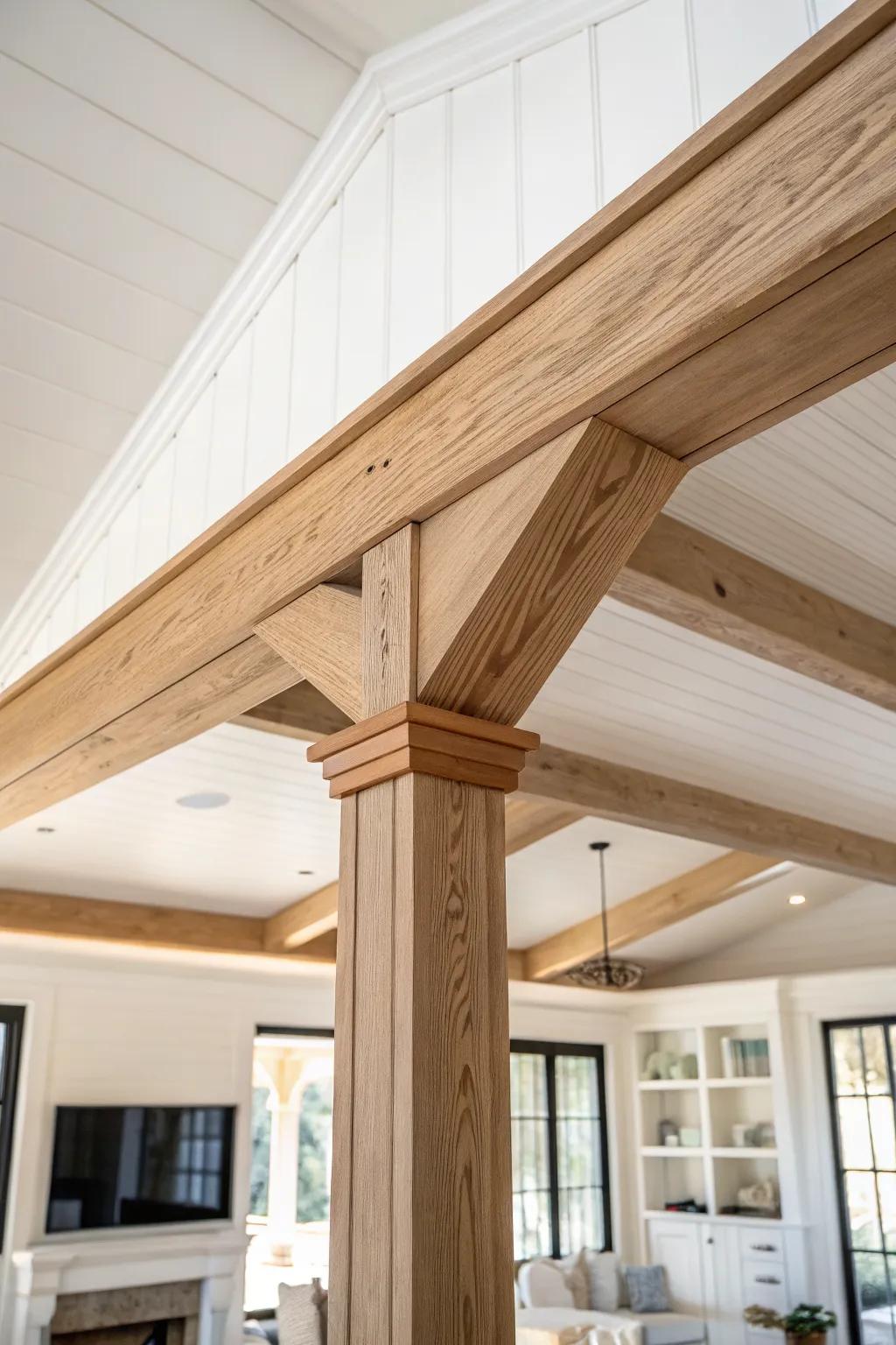 A scribed oak beam that follows the vault pitch for a seamless, built‑in ceiling transition.