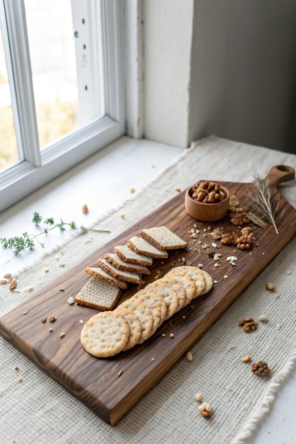 Cracker & bread corridors on a walnut board—grab-and-go paths that keep the table airy.
