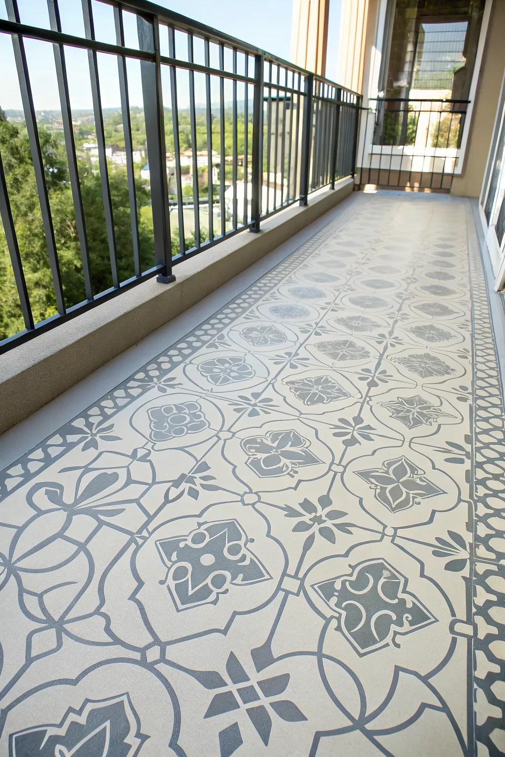 Painted + stenciled concrete gives your balcony a chic tile look—cheap, bright, and durable.
