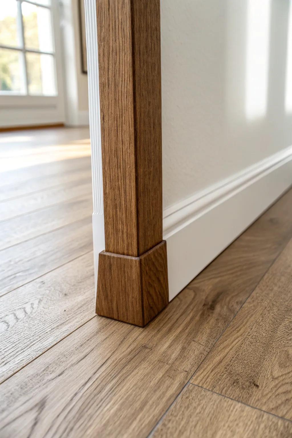 Wire-brushed plywood strip stained rich walnut—budget baseboard with a convincing rough-sawn look.