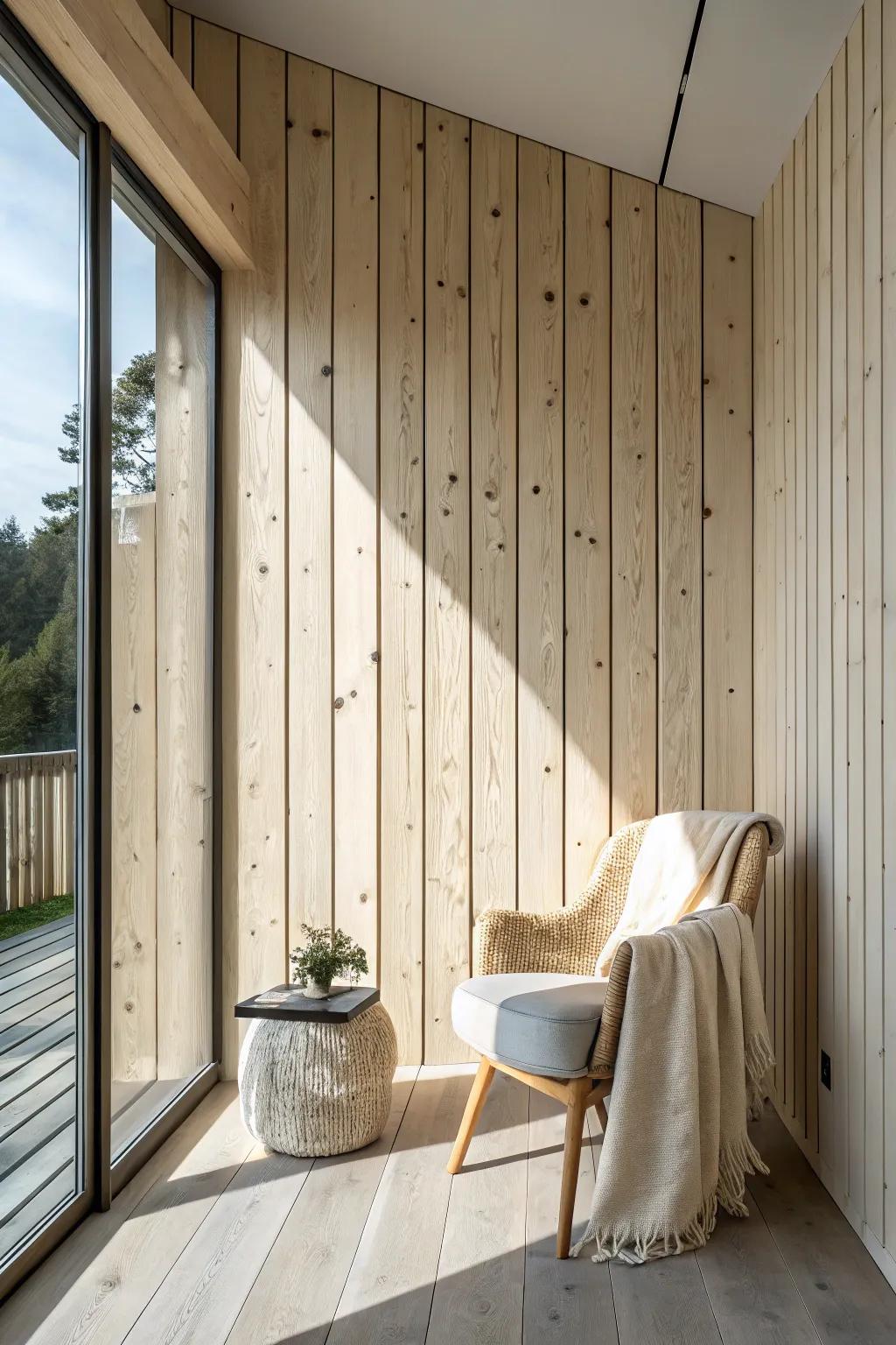 Vertical pine planks + a light stain—an easy, budget wall trick that makes ceilings feel taller.