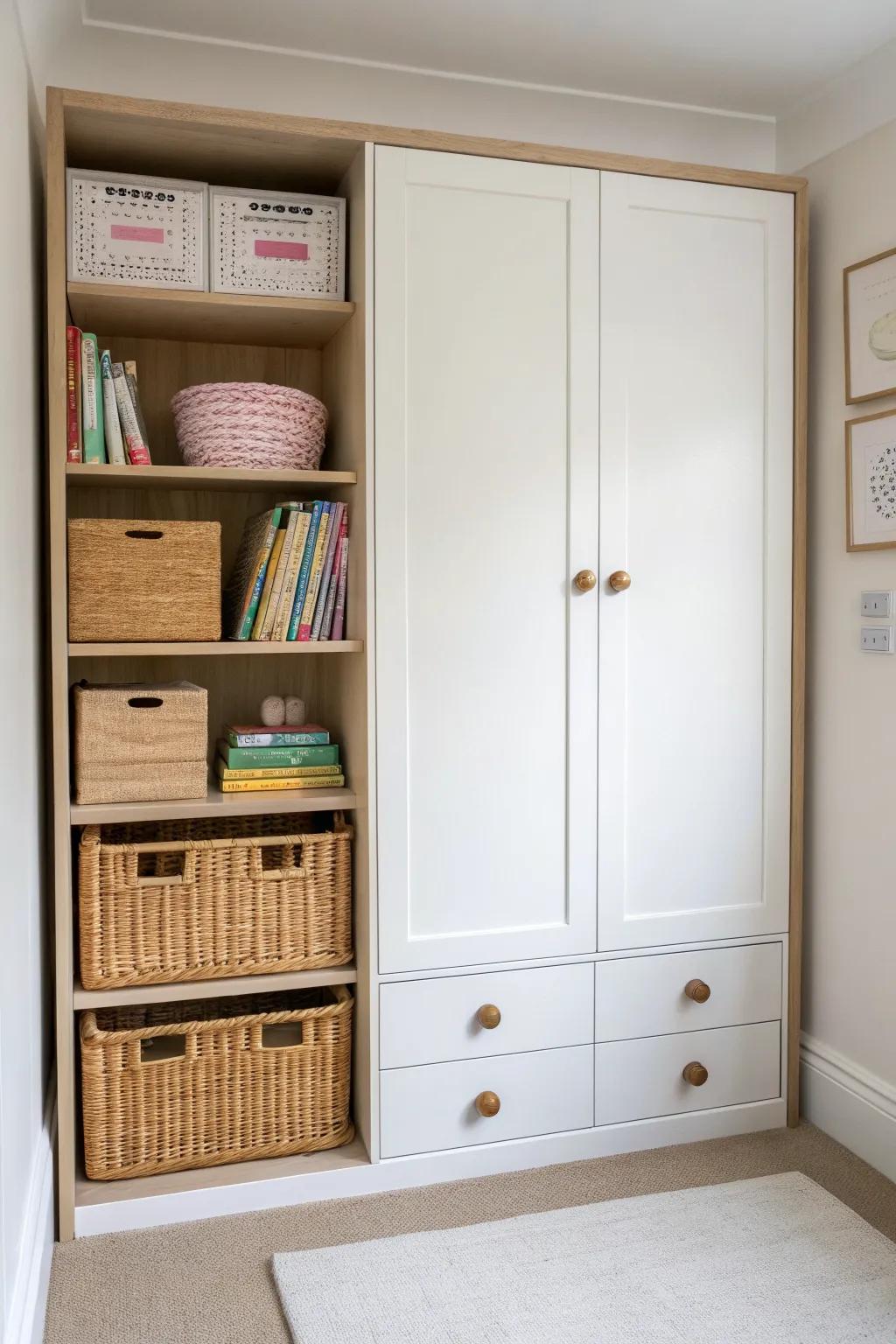 Open cubbies for baskets and books, closed doors for the rest—warm wood, calm and tidy.